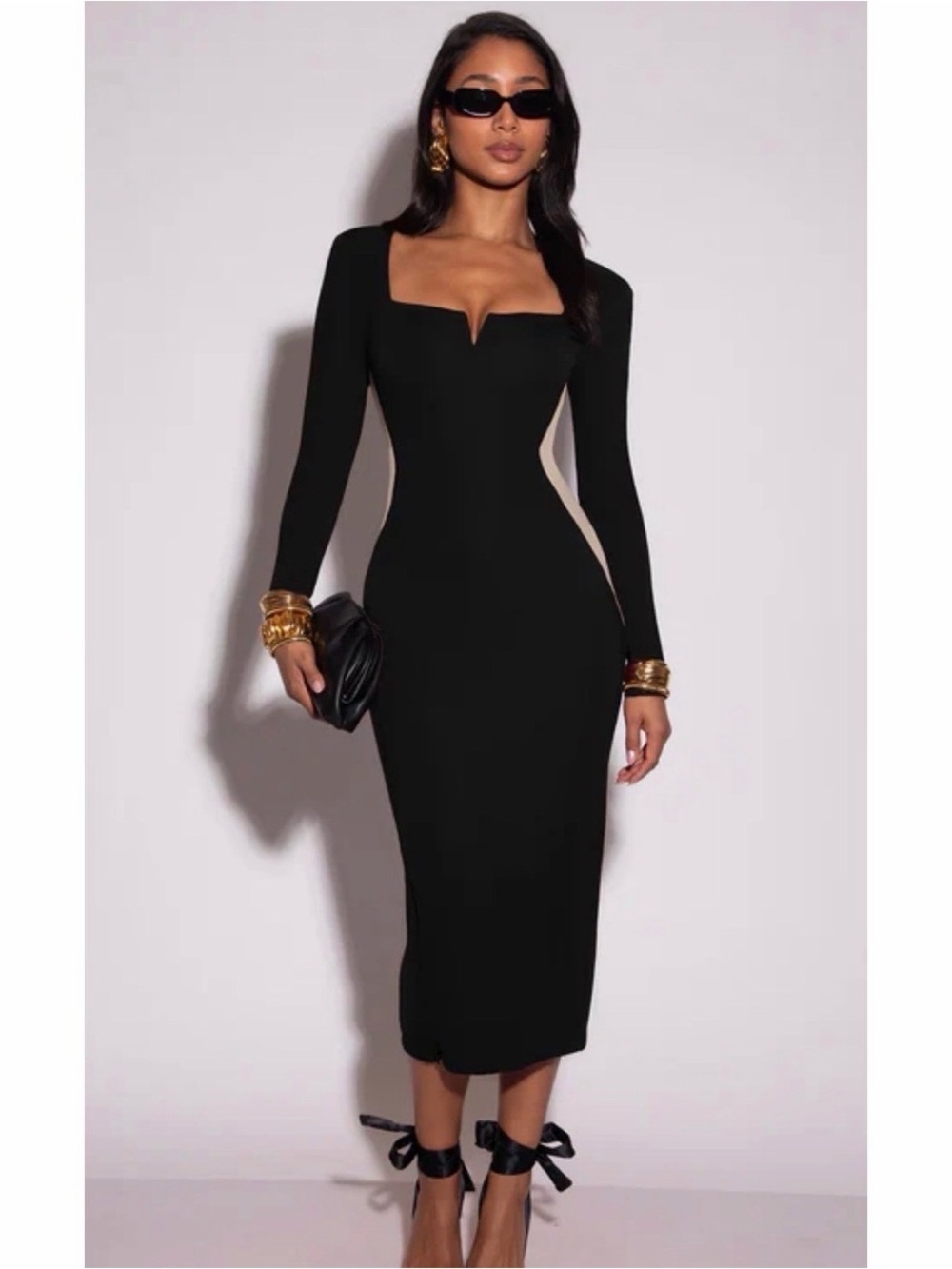 Ta3 Black Long-Sleeve Square-Neck Bodycon Midi Dress